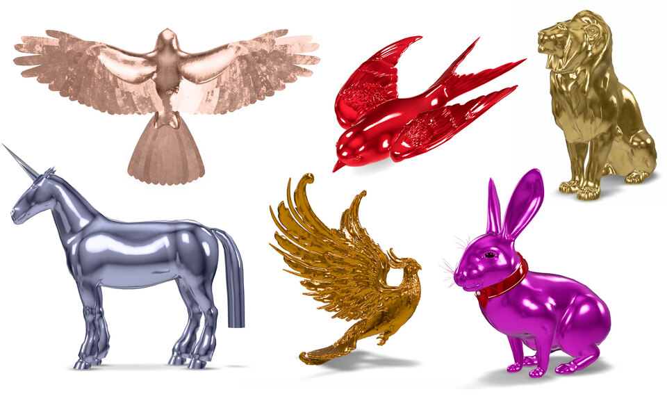 Six shiny, stylized animal sculptures in metallic colors: a silver unicorn, a gold lion, a pink rabbit, two birds (one bronze, one red), and a golden bird with spread wings. They are set against a white background.